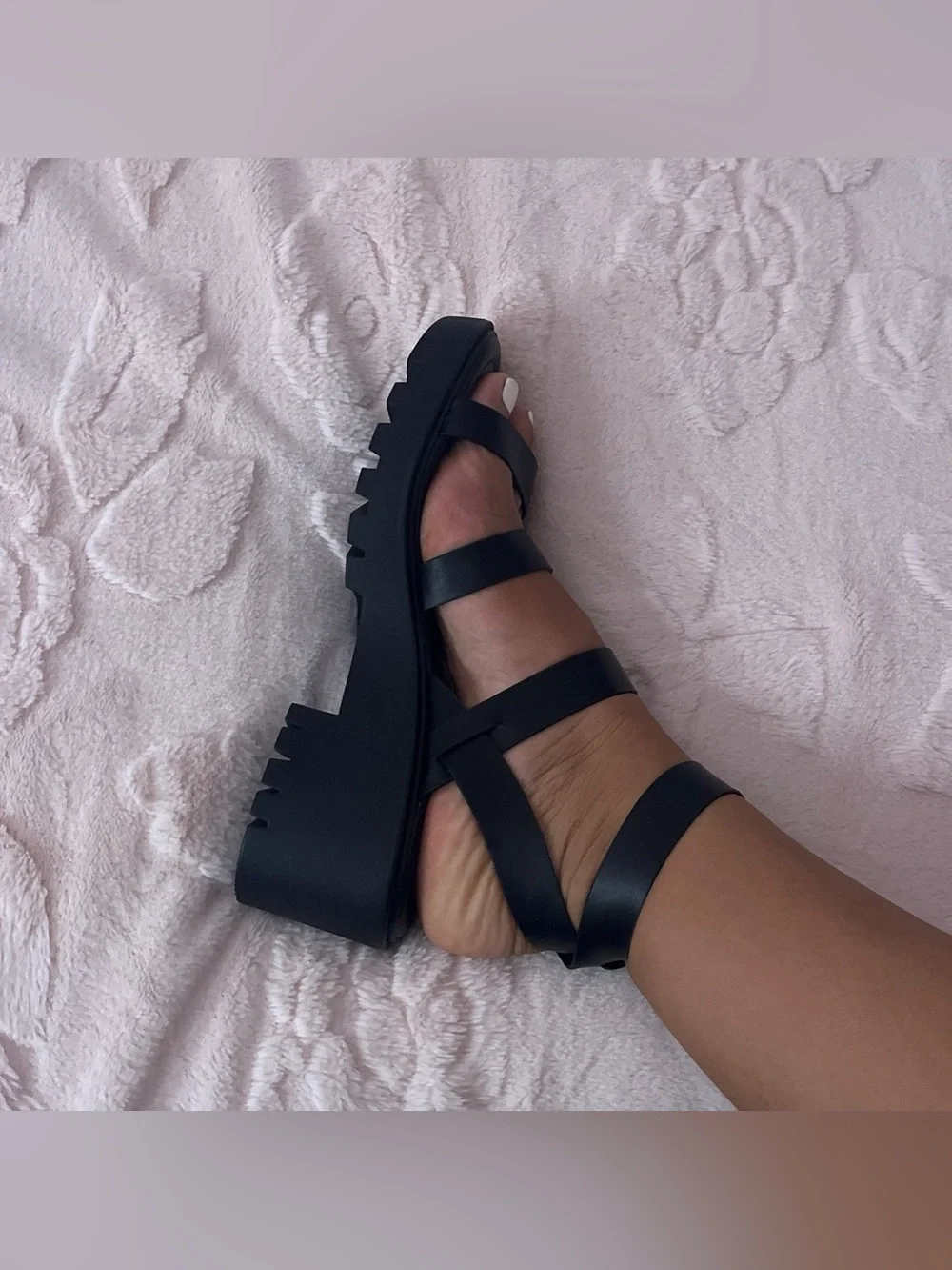 Soda Black Strappy Lug-Sole Platform Sandals